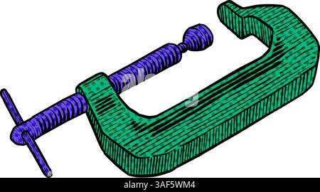Woodworking clamp hand drawn illustration halftone color vector illustration Stock Vector
