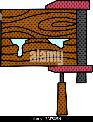 two wood scraps glued and pressed by clamp halftone hand drawn color vector illustration Stock Vector