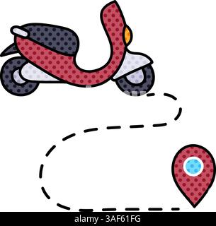 map scooter route halftone hand drawn color vector illustration Stock Vector
