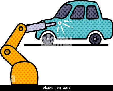 robotic car manufacturing halftone hand drawn color vector illustration Stock Vector