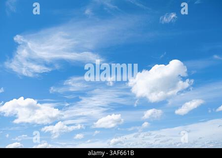 A bright and clear blue sky with soft, fluffy white clouds scattered across the horizon. Perfect for nature backgrounds, weather themes, and serene de Stock Photo