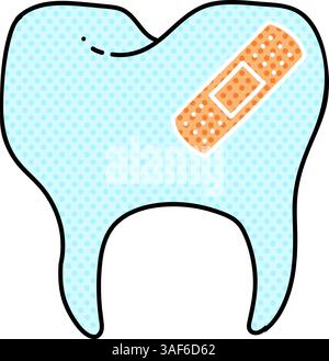tooth with bandage halftone hand drawn color vector illustration Stock Vector