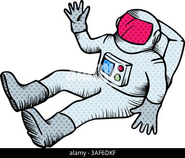 Astronaut hand drawn sketch halftone color vector illustration Stock Vector