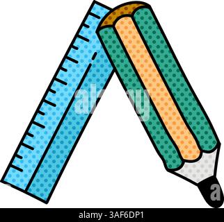 pencil and ruler halftone hand drawn color vector illustration Stock Vector