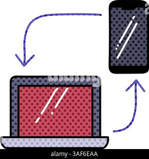 laptop and smartphone sync halftone hand drawn color vector illustration Stock Vector