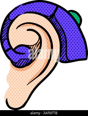 Hearing aid hand drawn halftone color vector illustration Stock Vector