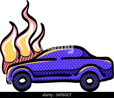 Car on fire halftone icon hand drawn color vector illustration Stock Vector