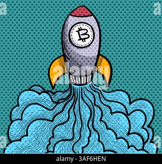 bitcoin space rocket take off hand drawn halftone color vector illustration Stock Vector