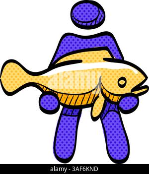 Man holding fish halftone icon hand drawn color vector illustration Stock Vector