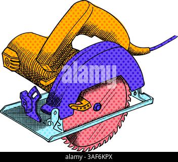 Circular saw hand drawn illustration halftone color vector illustration Stock Vector