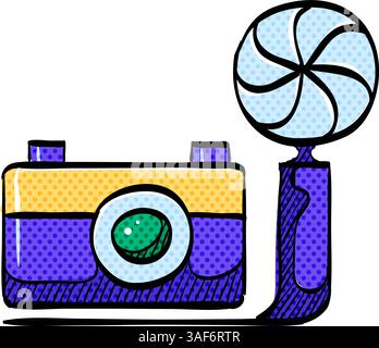 Old camera halftone icon hand drawn color vector illustration Stock Vector