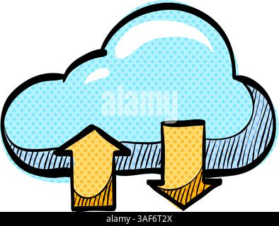 Cloud icon with arrows halftone hand drawn color vector illustration Stock Vector