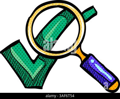 Magnifier check mark halftone icon hand drawn color vector illustration Stock Vector