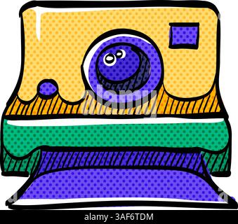 Instant camera halftone icon hand drawn color vector illustration Stock Vector