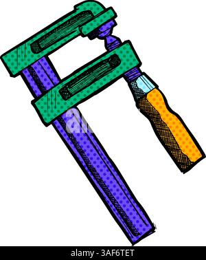 Woodworking clamp hand drawn illustration halftone color vector illustration Stock Vector