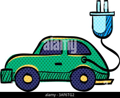 Electric car halftone icon hand drawn color vector illustration Stock Vector