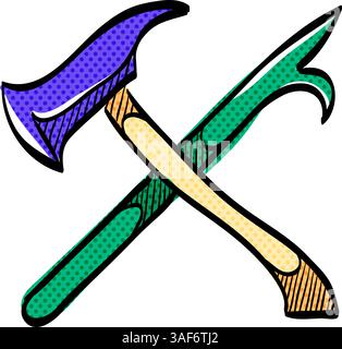 Fireman tools halftone icon hand drawn color vector illustration Stock Vector