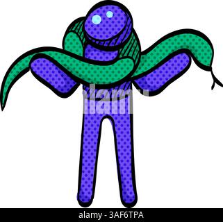 Man holding snake halftone icon hand drawn color vector illustration Stock Vector