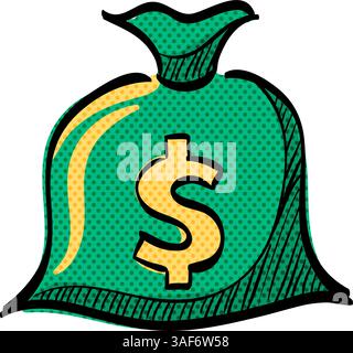 Money sack halftone icon hand drawn color vector illustration Stock Vector