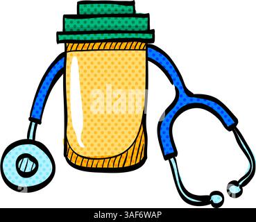 Pills bottle stethoscope halftone icon hand drawn color vector illustration Stock Vector