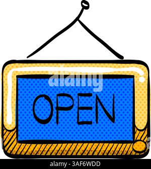 Open sign halftone icon hand drawn color vector illustration Stock Vector
