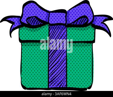 Gift box halftone icon hand drawn color vector illustration Stock Vector