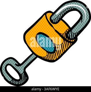 Key and padlock hand drawn halftone color vector illustration Stock Vector