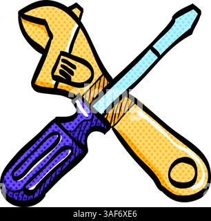 Mechanic tools halftone icon hand drawn color vector illustration Stock Vector
