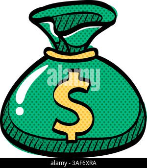 Money sack halftone icon hand drawn color vector illustration Stock Vector