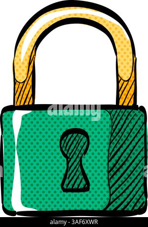 Padlock halftone icon hand drawn color vector illustration Stock Vector