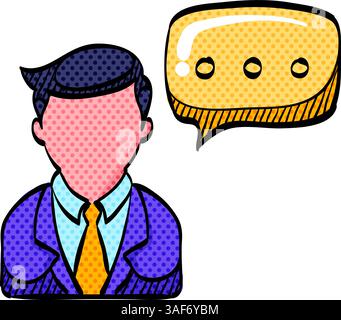 Businessman with talk bubble halftone icon hand drawn color vector illustration Stock Vector