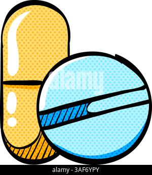 Pills halftone icon hand drawn color vector illustration Stock Vector