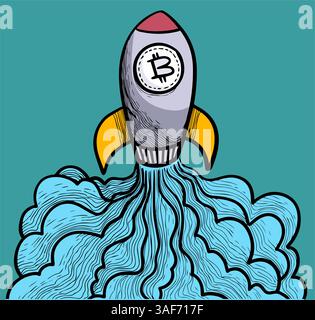 bitcoind space rocket take off hand drawn color vector illustration Stock Vector
