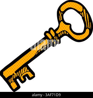 Hand drawn vintage golden key halftone color vector illustration Stock Vector