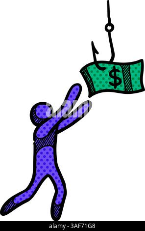 Man chasing dollar bait icon halftone color vector illustration Stock Vector
