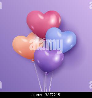 Four glossy heart shaped balloons in pink, orange, blue, and purple floating against a soft purple background Stock Vector