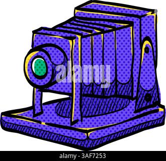 Large format camera halftone icon hand drawn color vector illustration Stock Vector