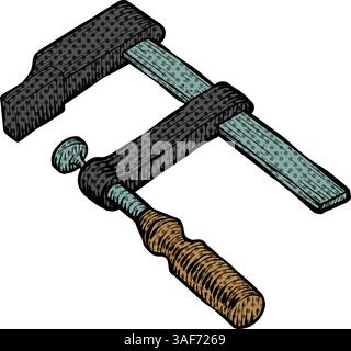 Wooden clamp icon woodworking tool halftone color vector illustration Stock Vector