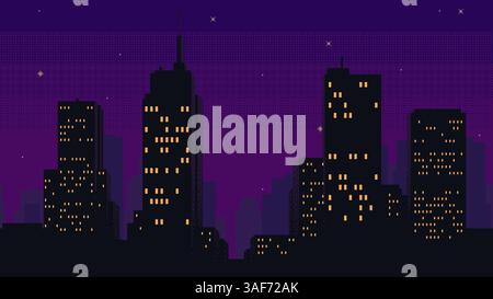 Pixel art game background with night city. Retro video game style illustration of cityscape with high buildings silhouettes with illuminated windows a Stock Vector