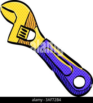 Adustable wrench halftone icon hand drawn color vector illustration Stock Vector