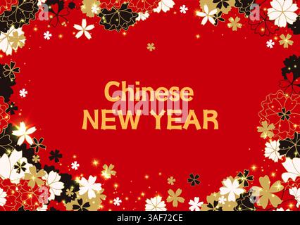 Japanese Sakura Lunar New Year Horizontal Banner, Red and Gold Traditional Vector Design, Geometric Modern Flowers, Chinese Holiday Illustration Stock Vector