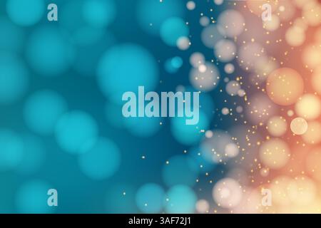 Abstract bokeh background with soft, overlapping circles in blue and orange hues with small glowing light particles Stock Vector