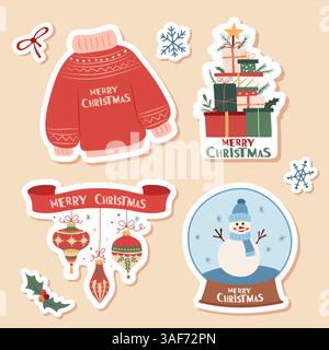 Colorful Christmas stickers featuring a sweater, gift boxes, snow globe, ornaments, and holiday decorations on a beige background Stock Vector