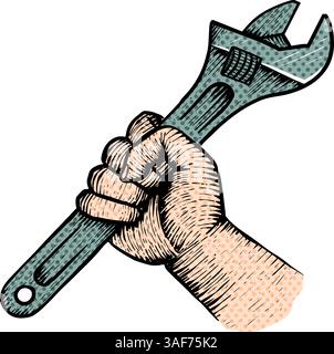 Hand holding adjustable wrench halftone color vector illustration Stock Vector