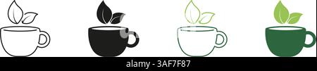 Teacup With Leaves Line and Silhouette Icon Set. Herbal Natural Tea Concept. Organic Matcha Tea For Health And Relaxation. Editable Stroke. Isolated Stock Vector