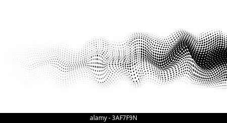 Halftone black wave on white background. Technology halfton mesh wave shape. Dots grid digital design for business, presentation, big data, brochure.  Stock Vector