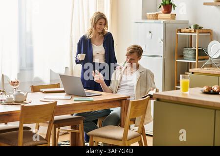 In a cozy, sunlit home, a couple shares a romantic moment, filled with joy and connection. Stock Photo