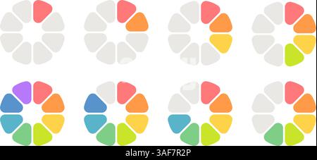 Circle division infographic loading set. Pie chart divided 8 equal parts. Pizza or orange round load diagram. Infographic eight segment and fraction Stock Vector