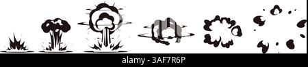 Step by step animation of origin or extinguishment explosion. Bomb boom exploding effect. Weapon attack. Comic dynamite detonation stages. Smoke cloud Stock Vector