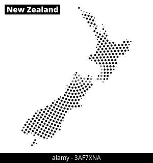 This graphic showcases a stylized map of New Zealand, featuring a unique dot pattern. The design focuses on both the North and South Islands. Stock Vector